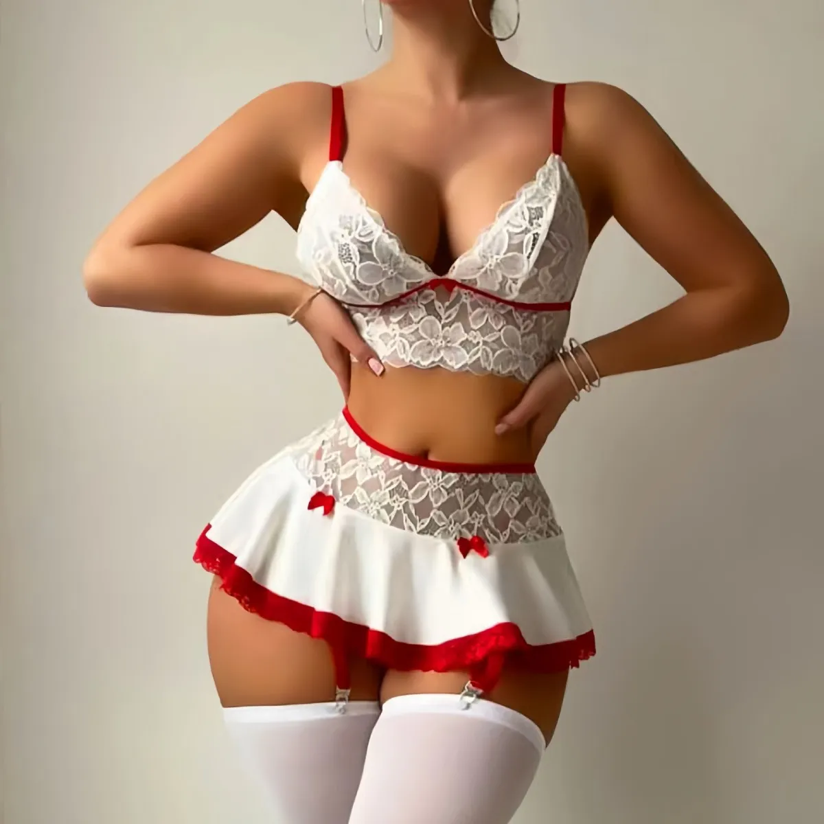 Women Fashion Color Block Lace Hollow-Out Sexy Lingerie Two-Piece Set