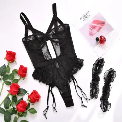 Women Fashion Solid Color Lace Mesh With Leg Ring Sexy Lingerie Set