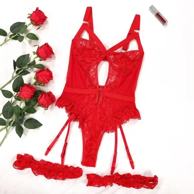 Women Fashion Solid Color Lace Mesh With Leg Ring Sexy Lingerie Set