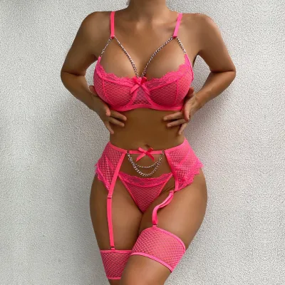 Women Fashion Solid Color Lace Chain Sexy Lingerie Set