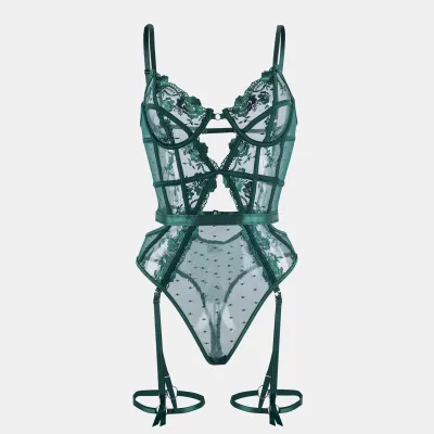 Women Fashion Solid Color Lace Embroidered Perspective Hollow Backless One-Piece Sexy Lingerie