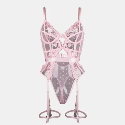 Women Fashion Solid Color Lace Embroidered Perspective Hollow Backless One-Piece Sexy Lingerie