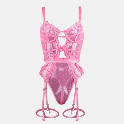 Women Fashion Solid Color Lace Embroidered Perspective Hollow Backless One-Piece Sexy Lingerie