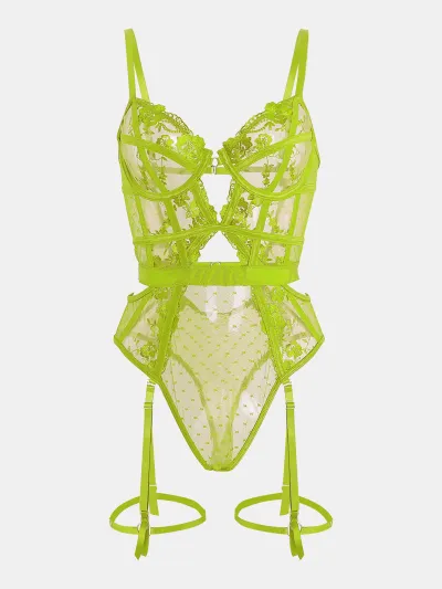 Women Fashion Solid Color Lace Embroidered Perspective Hollow Backless One-Piece Sexy Lingerie