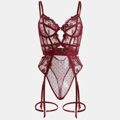 Women Fashion Solid Color Lace Embroidered Perspective Hollow Backless One-Piece Sexy Lingerie