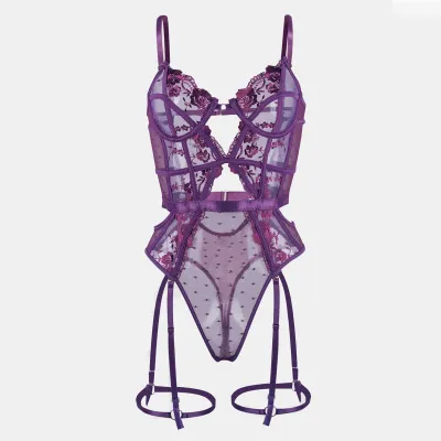 Women Fashion Solid Color Lace Embroidered Perspective Hollow Backless One-Piece Sexy Lingerie