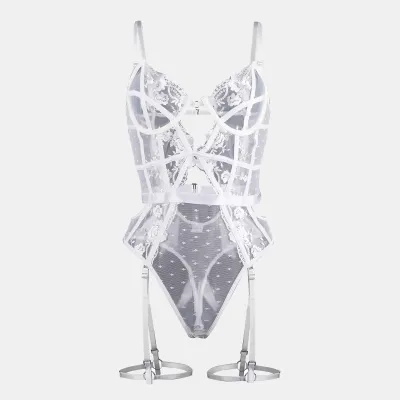 Women Fashion Solid Color Lace Embroidered Perspective Hollow Backless One-Piece Sexy Lingerie