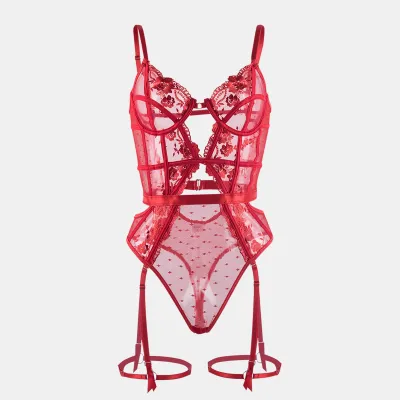 Women Fashion Solid Color Lace Embroidered Perspective Hollow Backless One-Piece Sexy Lingerie