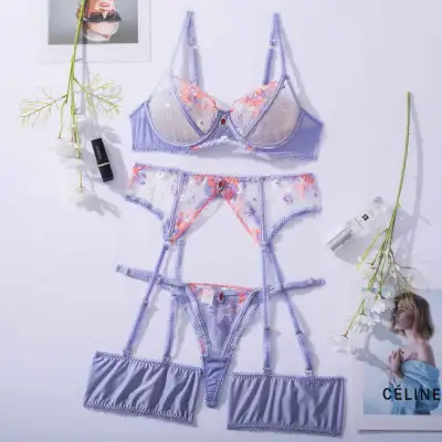 Women Fashion Flower Embroidered Perspective Sexy Lingerie Set