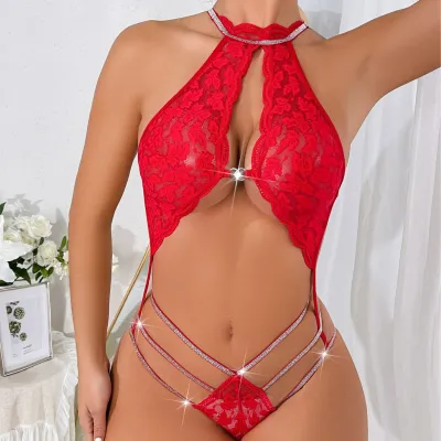 Women Fashion Solid Coloe Lace Perspective Hollow One-Piece Sexy Lingerie