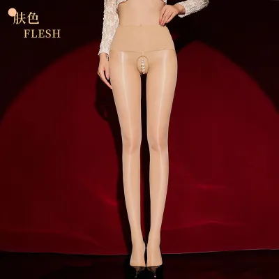 Women Fashion Sexy Solid Color Seamless Pantyhose Oil Bright Bead Decoration Open Crotch Stockings