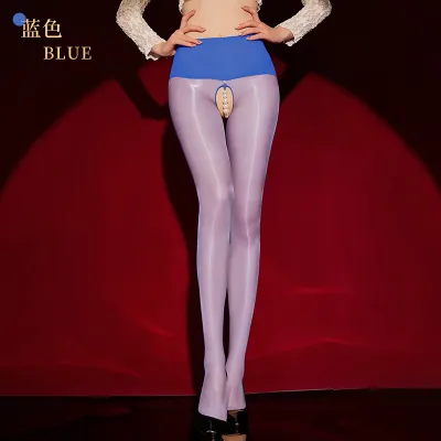 Women Fashion Sexy Solid Color Seamless Pantyhose Oil Bright Bead Decoration Open Crotch Stockings