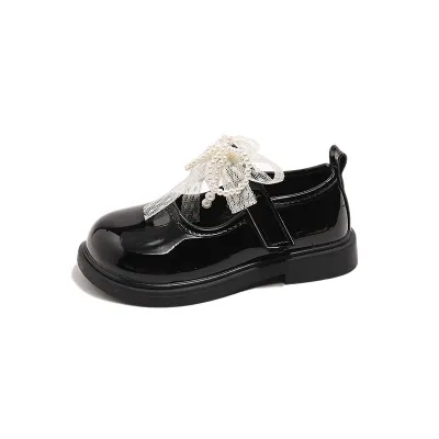 Kids Girls Bow Pearl PU Leather Princess Shoes Low Top Solid Color