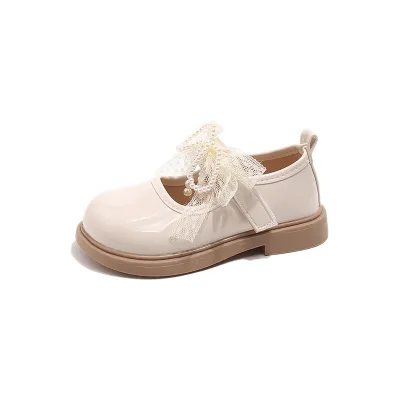 Kids Girls Bow Pearl PU Leather Princess Shoes Low Top Solid Color