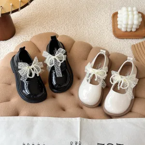 Kids Girls Bow Pearl PU Leather Princess Shoes Low Top Solid Color