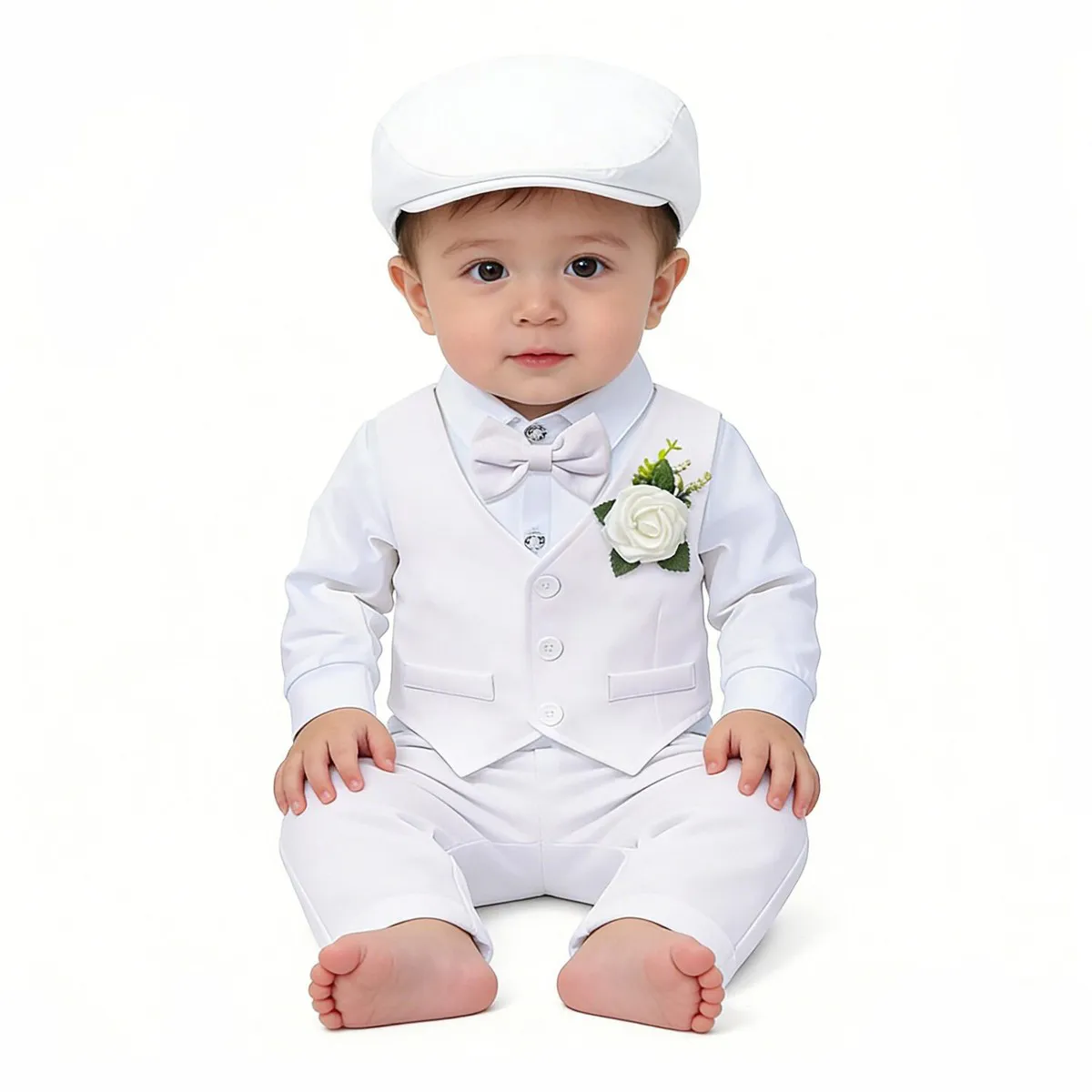 Kids Baby Boys Fashion Long-Sleeve Romper Vest Pants Hat Four-Piece Set Solid Color Polyester