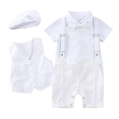 Kids Baby Boys British Style Short-Sleeve Jumpsuits Vest Hat Three-Piece Set Cotton Outfit