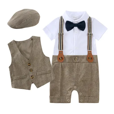 Kids Baby Boys British Style Short-Sleeve Jumpsuits Vest Hat Three-Piece Set Cotton Outfit