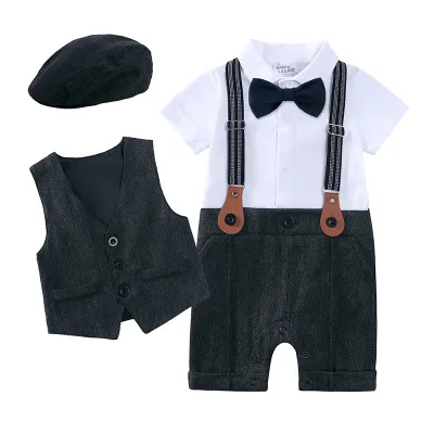Kids Baby Boys British Style Short-Sleeve Jumpsuits Vest Hat Three-Piece Set Cotton Outfit