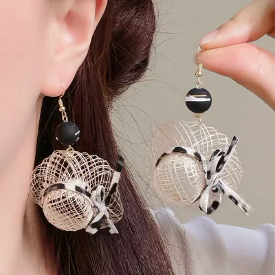Women Fashion Creative Straw Hat Leopard Bow Earrings 925 Silver