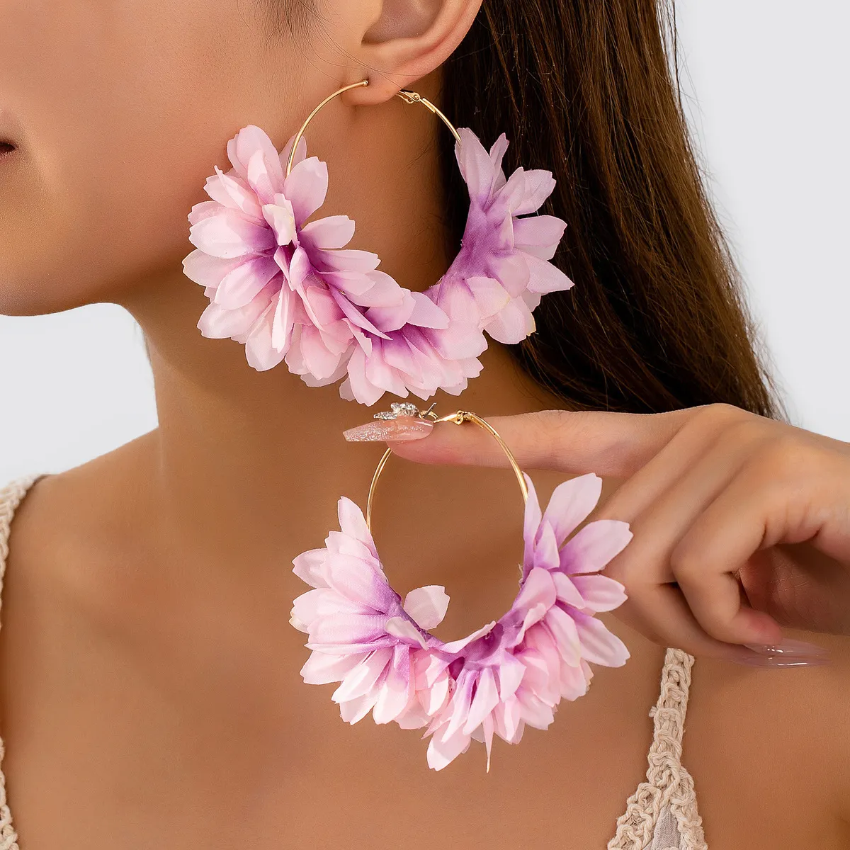 Women Elegant Floral Fabric Large Circle Earrings