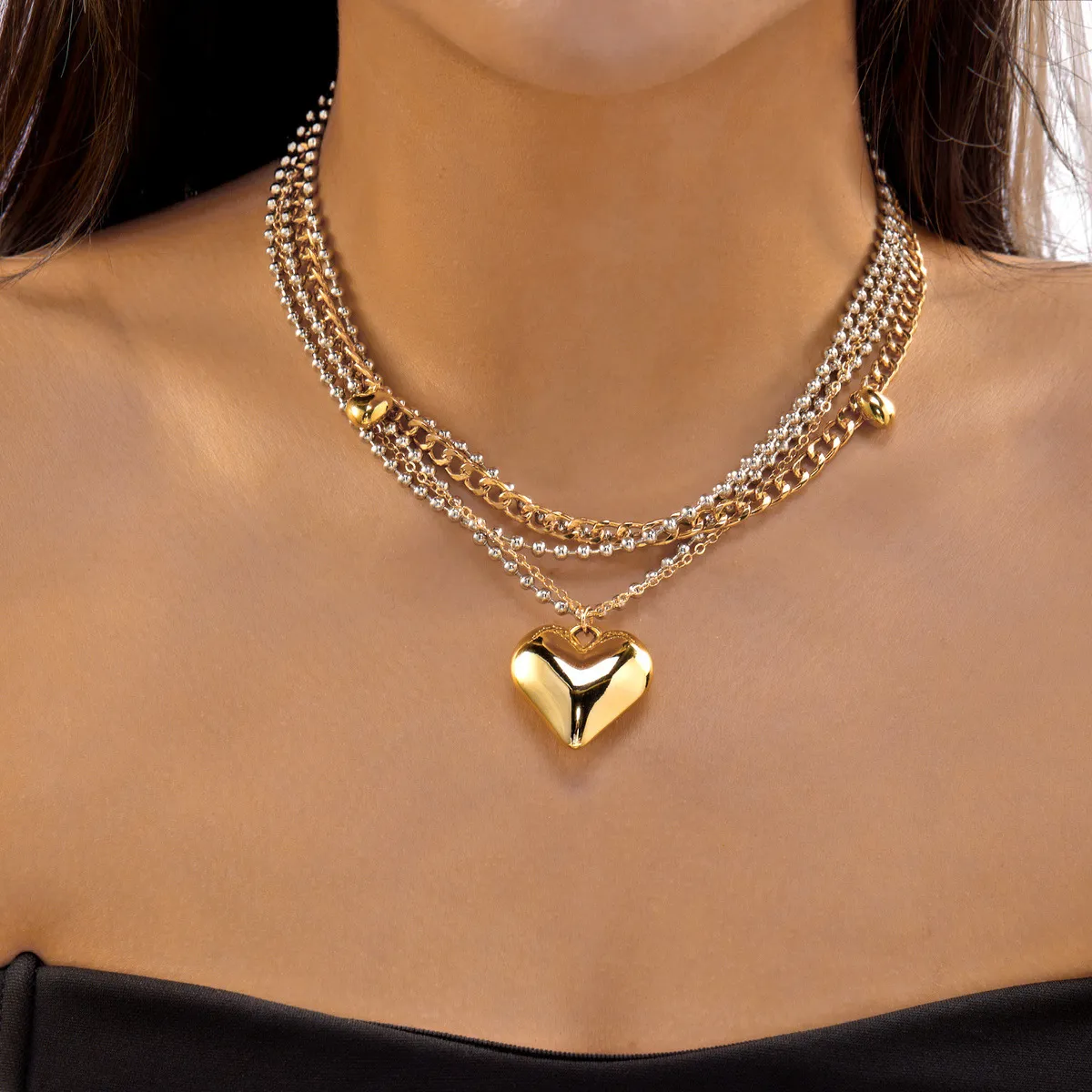 Women Fashion Exaggerated Love Pendant O-Shaped Chain Multi-Layer Necklace