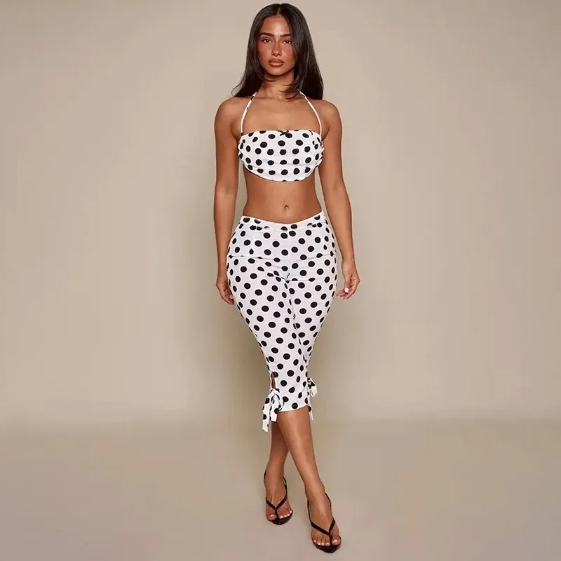 Women Fashion Sexy Summer Polka Dot Print Sleeveless Halter-Neck Lace-Up Crop Top Cropped Pants Two-Piece Set