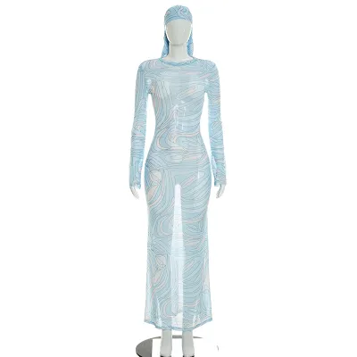 Women Fashion Sexy Summer Polka Dot Print Mesh Perspective Long-Sleeve Slim-Fit Dress