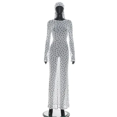 Women Fashion Sexy Summer Polka Dot Print Mesh Perspective Long-Sleeve Slim-Fit Dress