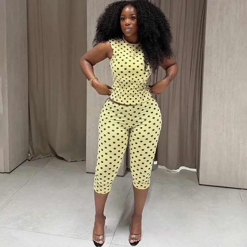 Women Fashion Spring Polka Dot Print Sleeveless Tank Top Slim-Fit Cropped Pants Two-Piece Set
