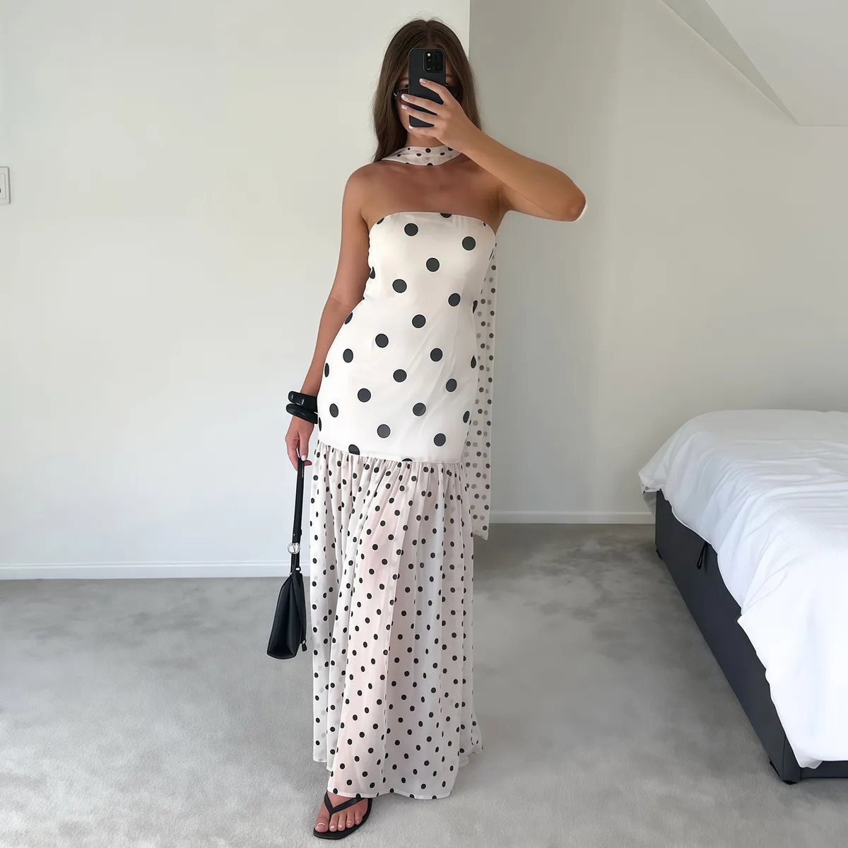 Women Fashion Sexy Summer Vacation Polka Dot Print Tube Top Dress