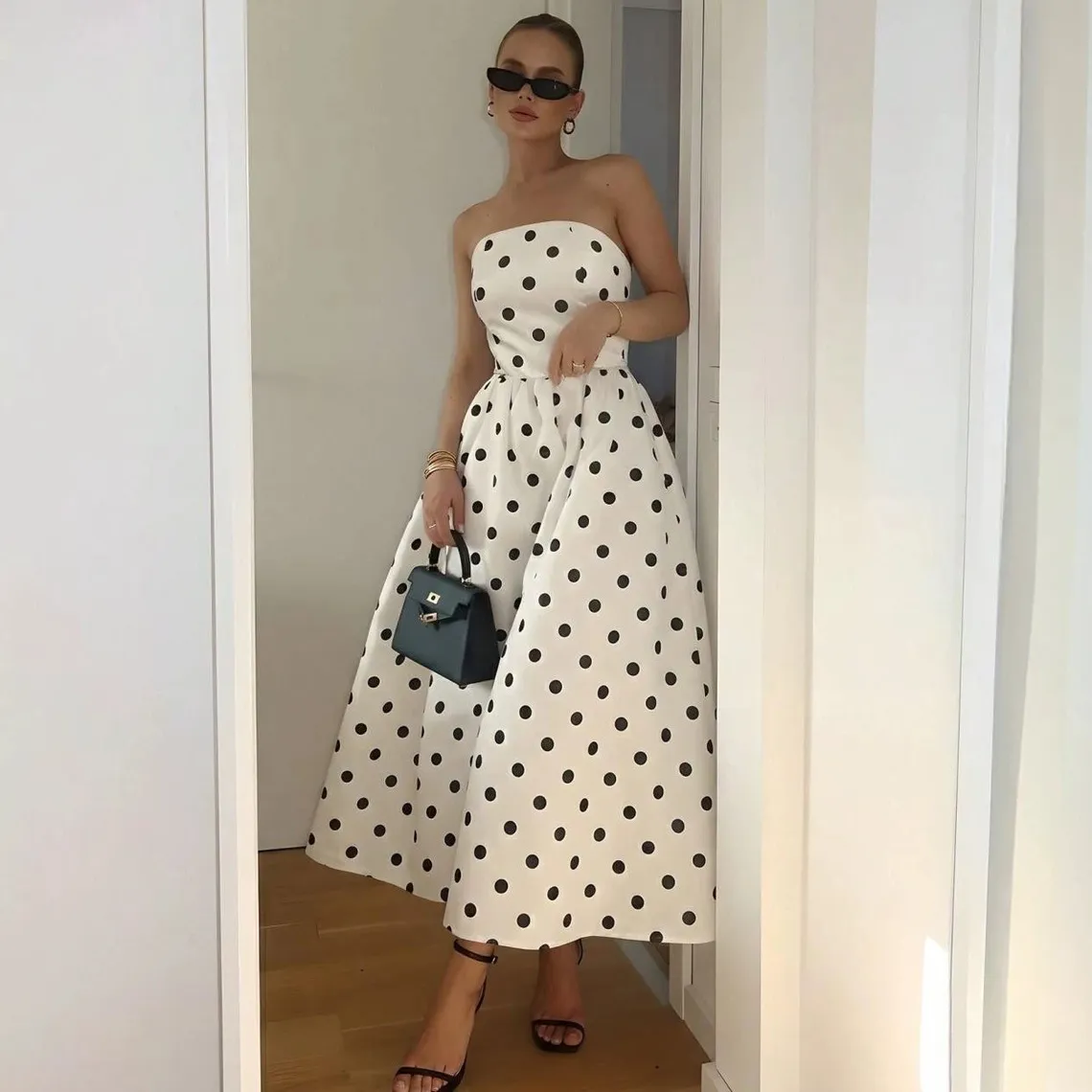 Women Fashion Elegant Polka Dot Print Tube Top Sleeveless A- Line Dress