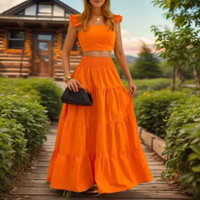 Women Fashion Sexy Summer Elegant Polka Dot Print Flutter Sleeve Crop Top Maxi Skirt Two-Piece Set