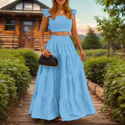 Women Fashion Sexy Summer Elegant Polka Dot Print Flutter Sleeve Crop Top Maxi Skirt Two-Piece Set