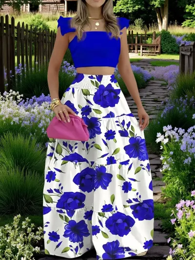 Women Fashion Sexy Summer Elegant Polka Dot Print Flutter Sleeve Crop Top Maxi Skirt Two-Piece Set