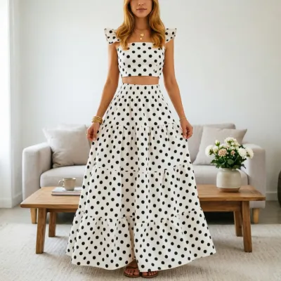Women Fashion Sexy Summer Elegant Polka Dot Print Flutter Sleeve Crop Top Maxi Skirt Two-Piece Set