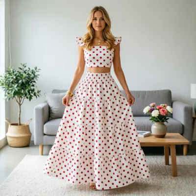 Women Fashion Sexy Summer Elegant Polka Dot Print Flutter Sleeve Crop Top Maxi Skirt Two-Piece Set