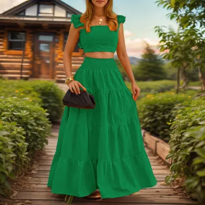 Women Fashion Sexy Summer Elegant Polka Dot Print Flutter Sleeve Crop Top Maxi Skirt Two-Piece Set