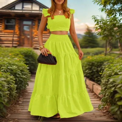 Women Fashion Sexy Summer Elegant Polka Dot Print Flutter Sleeve Crop Top Maxi Skirt Two-Piece Set