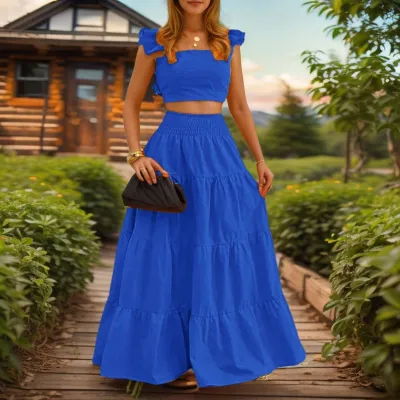 Women Fashion Sexy Summer Elegant Polka Dot Print Flutter Sleeve Crop Top Maxi Skirt Two-Piece Set