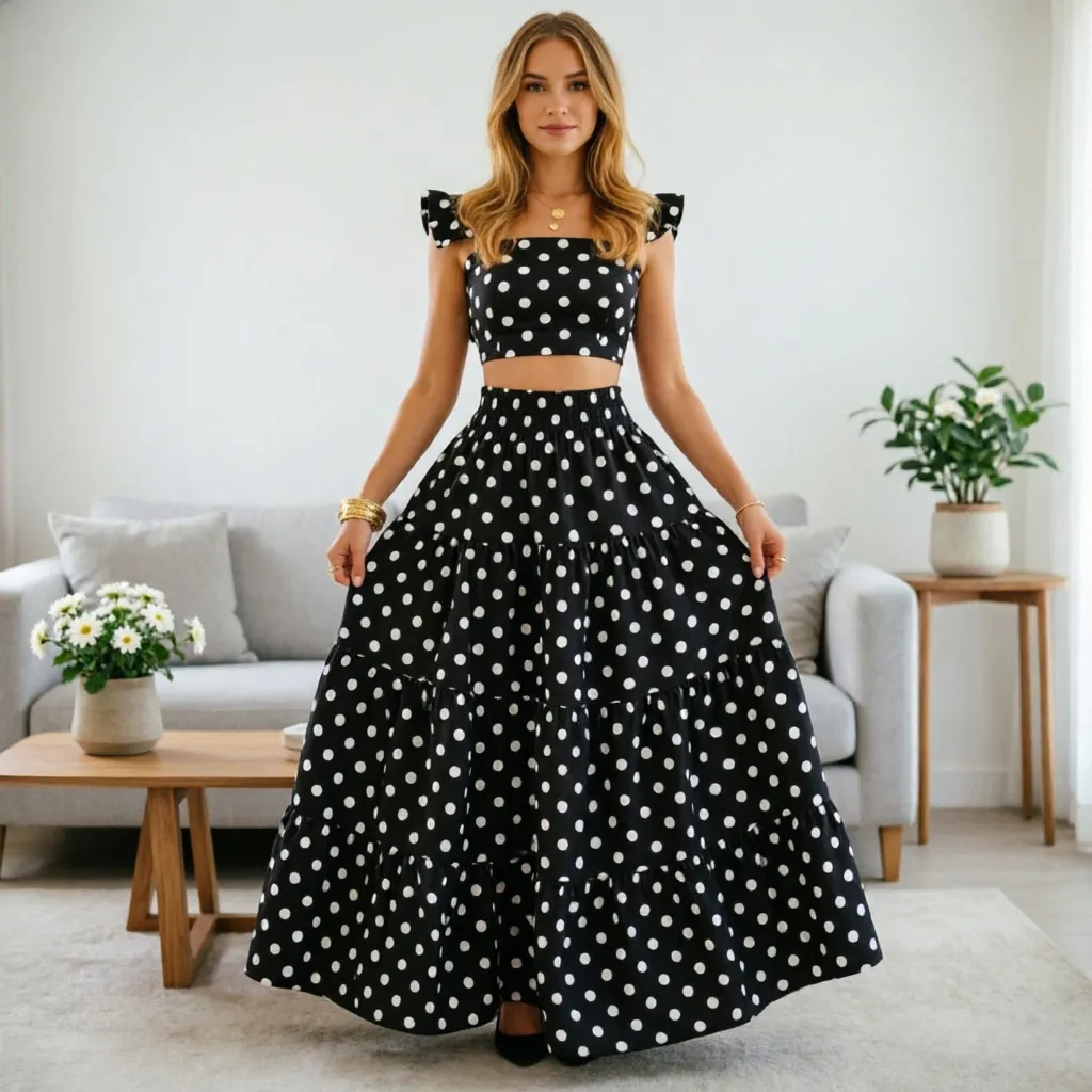 Women Fashion Sexy Summer Elegant Polka Dot Print Flutter Sleeve Crop Top Maxi Skirt Two-Piece Set