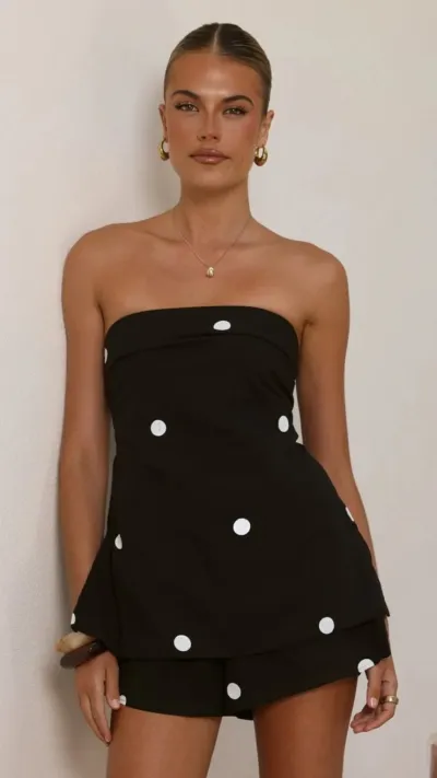 Women Fashion Sexy Summer Polka Dot Print Tube Top Loose Shorts Two-Piece Set