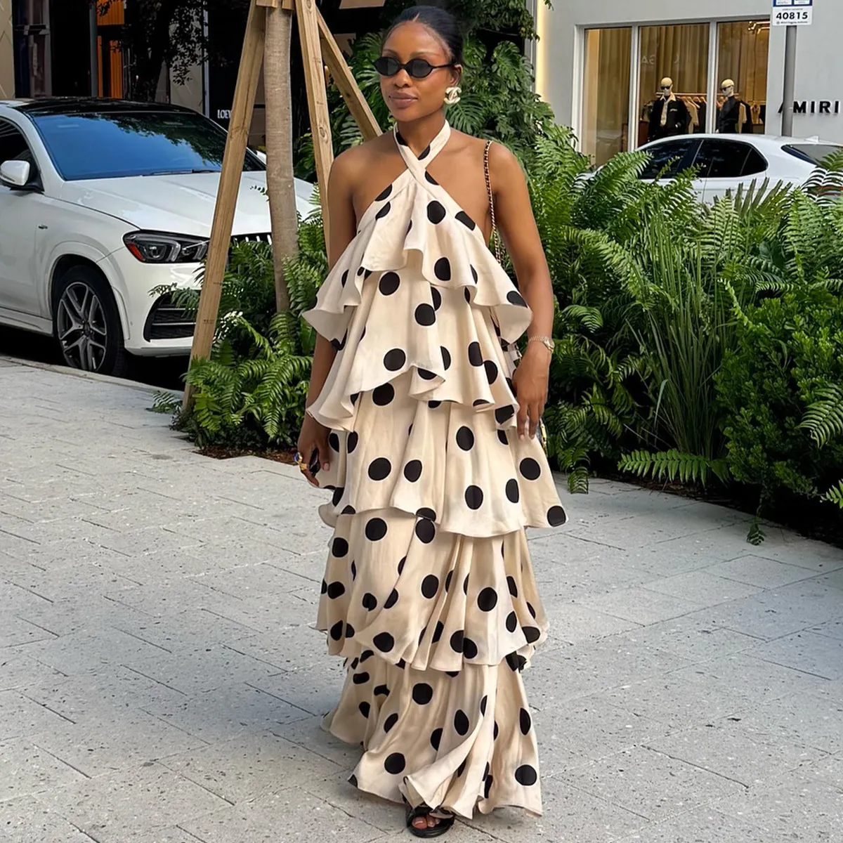 Women Fashion Sexy Polka Dot Print Halter-Neck Backless Ruffled Party Dress