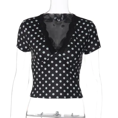 Women Fashion Sexy Polka Dot Print Lace Stitching V-Neck Short-Sleeve Crop Top