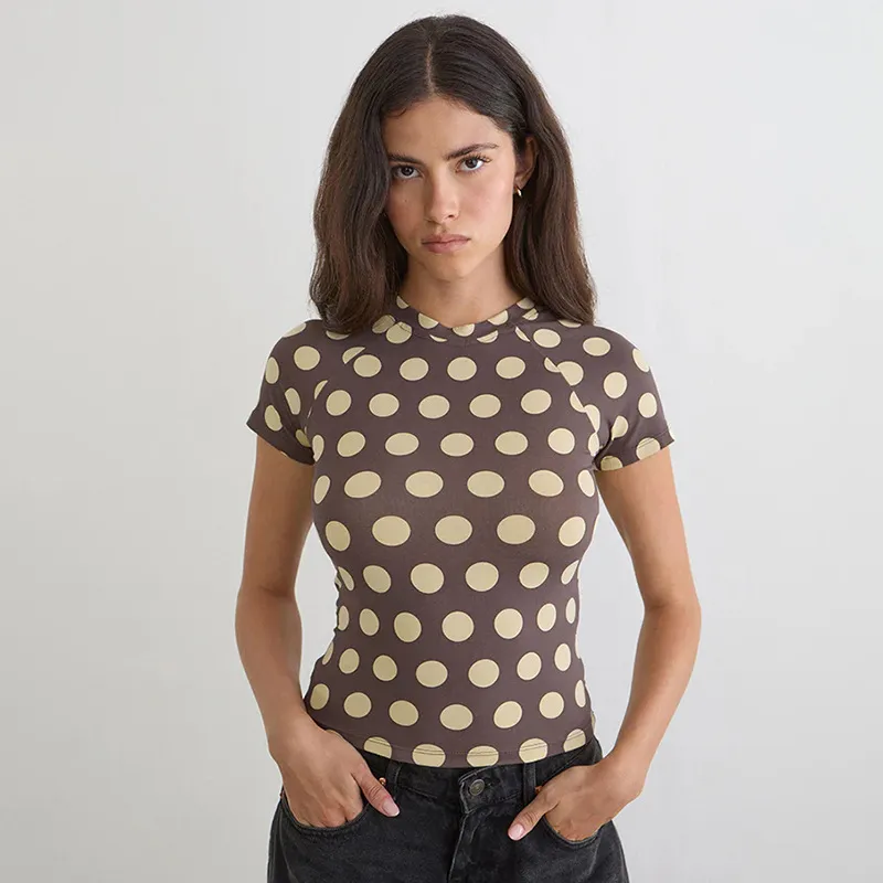 Women Fashion Casual Summer Polka Dot Print Short Sleeve Round Neck T-Shirt