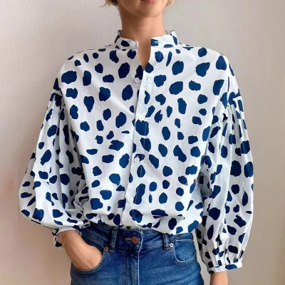 Women Fashion Casual Blue And White Polka Dot Print Puff Sleeve Loose Blouse