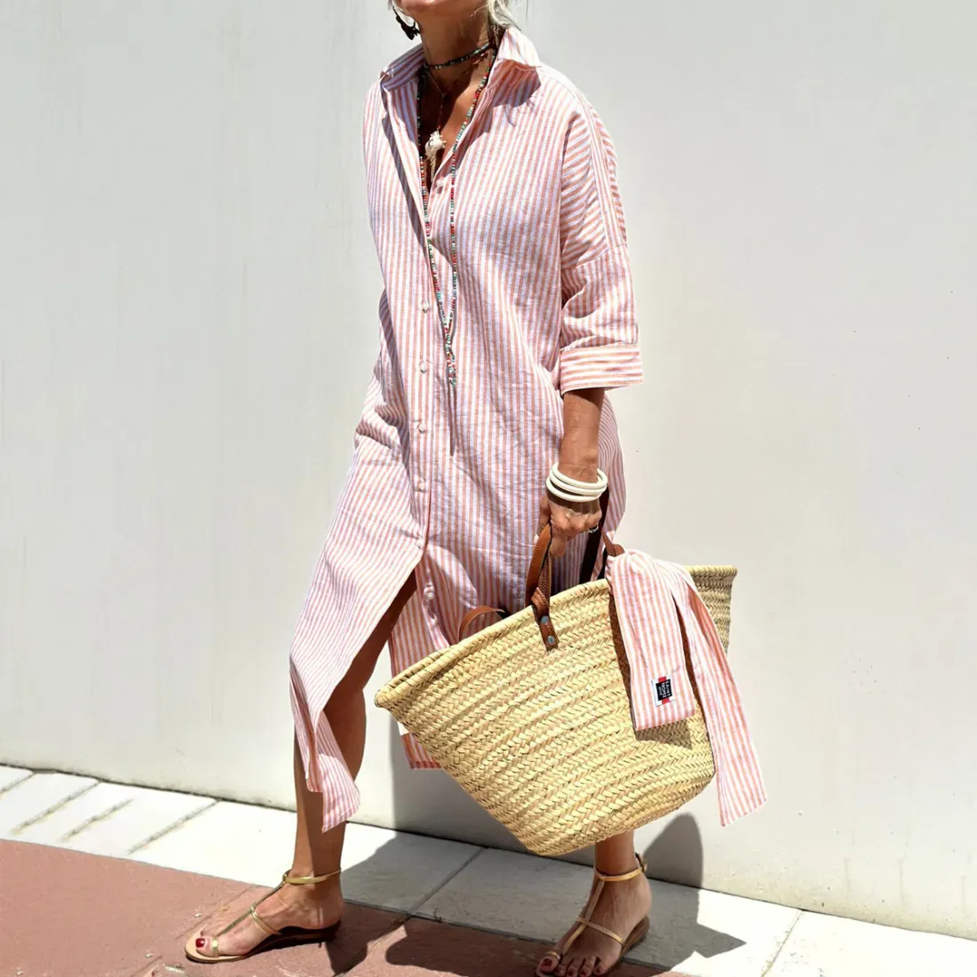 Women Fashion Casual Stripe Printed Lapel Long-Sleeve Loose Shirt Dress