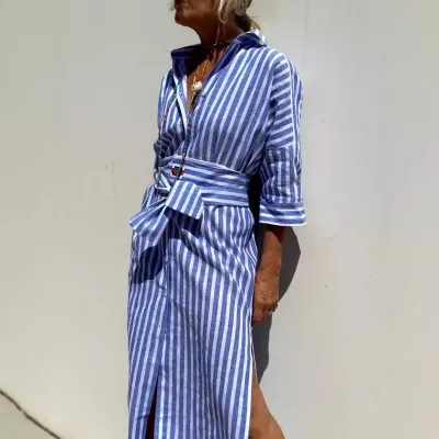 Women Fashion Casual Stripe Printed Lapel Long-Sleeve Loose Shirt Dress