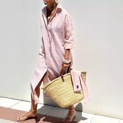 Women Fashion Casual Stripe Printed Lapel Long-Sleeve Loose Shirt Dress