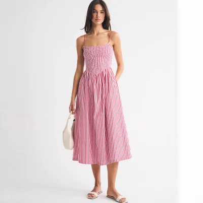 Women Fashion Sexy Summer Stripe Printed Spaghetti Strap Backless Pocket Waisted A- Line Dress